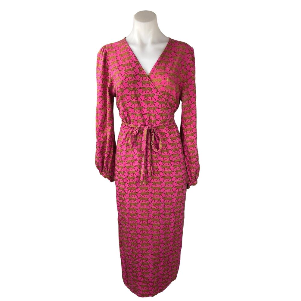 Emerson Fry Pink Walking Cheetah Bishop Sleeve Tie Waist Midi Wrap Dress Size L